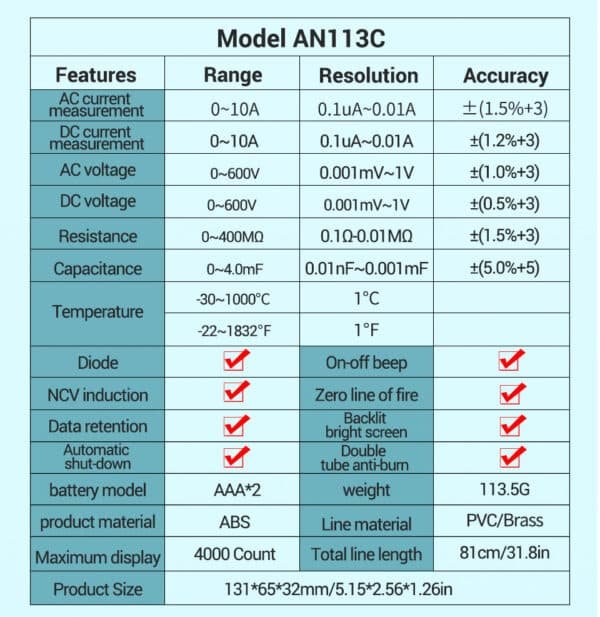 ANENG AN113C Multimetro Digitale Misurazione Automatica intelligente 4000 Conteggi T-RMS LCD Tester AC DC Volt Voltmetro Amperometro Ohm Tensione Corrente 15
